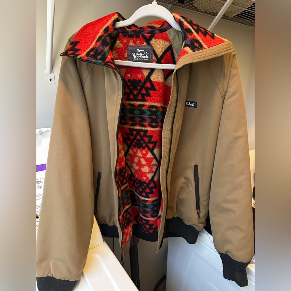 VTG Woolrich Zip Up Filled Bomber Jacket Aztec Lined Khaki Barn Jacket